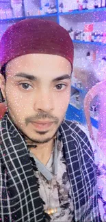 Colorful selfie with pink and purple sparkles.