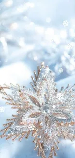 Shimmering snowflake on soft blue background, perfect for mobile wallpaper.