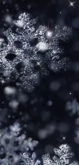 Close-up of glittering snowflakes on a dark background, perfect for mobile wallpaper.