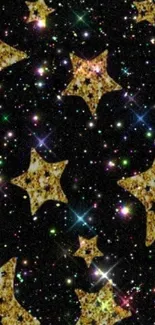 Glittering golden stars on a dark background in a starry night phone wallpaper.