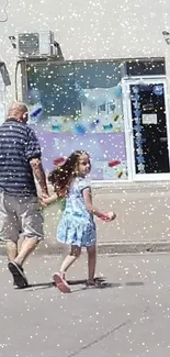 Father and daughter walking with sparkling street effect.