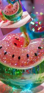 Glittering watermelon-themed wallpaper with vibrant colors and sparkles.