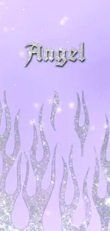 Lavender background with glittery flame design and 'Angel' text.