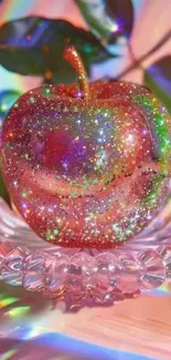 Sparkling apple on a crystal dish with rainbow colors.