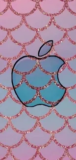 Pink glittery Apple logo on gradient background.