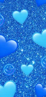 Glittery blue wallpaper with heart designs.