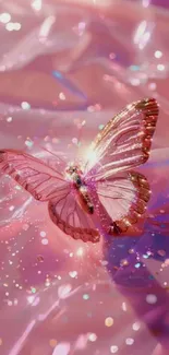 A pink butterfly with glittery effects on a shimmering background.