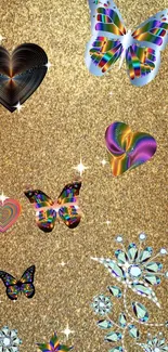 Colorful butterfly and heart pattern on a golden glitter background.