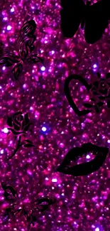 Glittery magenta wallpaper with butterflies and hearts.