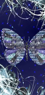 Glittery butterfly on starry night wallpaper