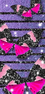 Glittery pink and black butterflies on a purple background.