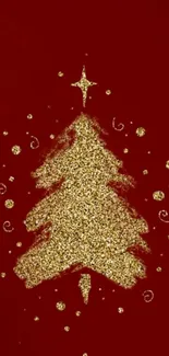 Festive glittery Christmas tree on red background.