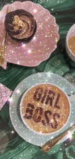 Latte with 'Girl Boss' text on a glittery background.