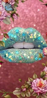 Glittery lips with flowers and hummingbirds on a pink background.