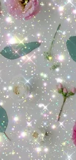 Glittery floral wallpaper with pink flowers and sparkles.