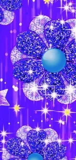 Vibrant glittery floral wallpaper with stars on a purple background.