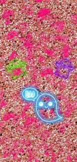 Glittery wallpaper with neon ghost and vibrant colors.