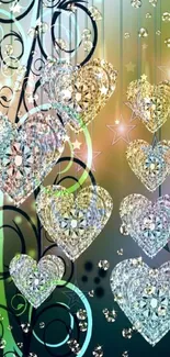 Abstract wallpaper with sparkling hearts and crystal-like designs.