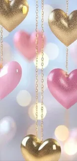 Pink and gold glittery heart chains wallpaper.