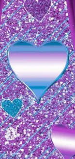 Purple heart pattern wallpaper with glitter and blue highlights.