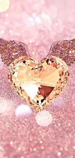 Sparkling heart with wings on pink glitter background.