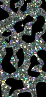 Glittery leopard print wallpaper with silver sparkles and colorful accents.