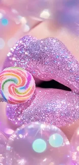 Glittery lips holding a colorful lollipop with bubbles.