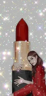 Illustrative design with glittering lipstick and woman in red suit.