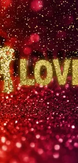 Glittery love wallpaper with red background and golden accents.