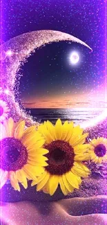 Glittery crescent moon with sunflowers under a starry sky.