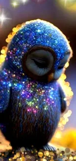 Glittery owl with colorful sparkles on dark background.