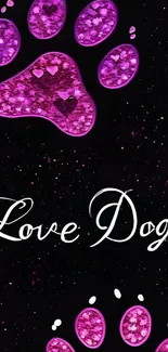 Pink glittery paw prints with 'Love Dogs' text on black background.