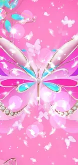 Shimmering pink butterfly wallpaper with glitter and feathers.