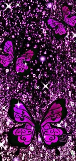 Pink butterflies on a glittery dark magenta background wallpaper.