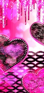 Vibrant glittery pink heart with black lace design wallpaper.