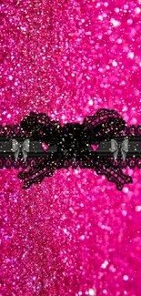 Vibrant pink glitter wallpaper with black lace ribbon detail.