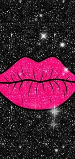 Pink glitter lips on black sparkling background wallpaper.