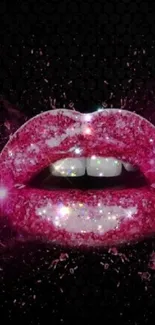 Glittery pink lips with sparkles on a black background wallpaper.