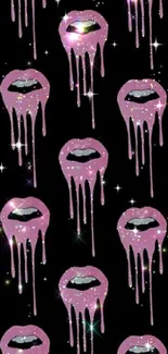 Glittery pink dripping lips on black wallpaper.