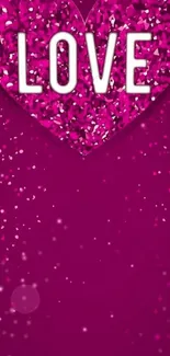 Pink glitter heart with the word love on mobile wallpaper.