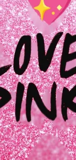 Pink glitter wallpaper with bold 'LOVE PINK' text.