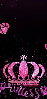 Glittery pink crown and diamonds on a dark purple background.