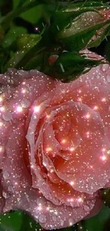 Sparkling pink rose with water droplets and green leaves.