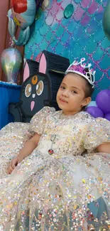 Child in a glittery dress at a colorful birthday party.