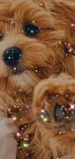 Cute fluffy puppy with glitter sparkles on a cozy blanket.