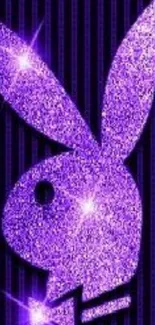 Glittery purple bunny design on a dark striped background.