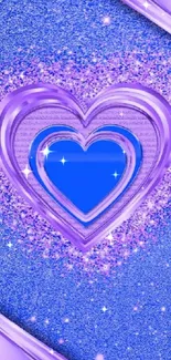 Glittery purple heart wallpaper with blue accents and elegant design.