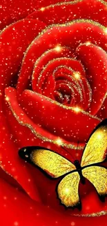 Red rose with a glittery yellow butterfly.