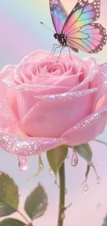 Glittery pink rose with butterfly perched on top.