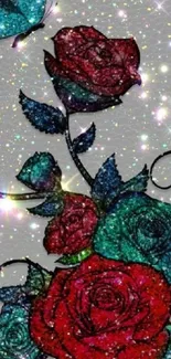 Glittery roses with butterfly and sparkling background.